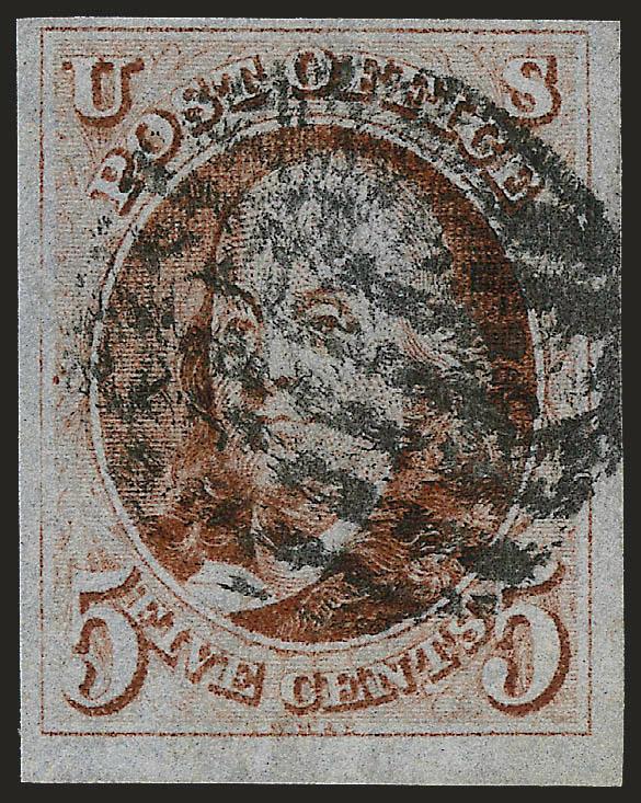 5c Brown Orange (1d).> Large margins to full at top, bright shade, bold strike of <black grid> cancel, fresh and Very Fine example of this desirable shade, with 2008 .P.F. certificate