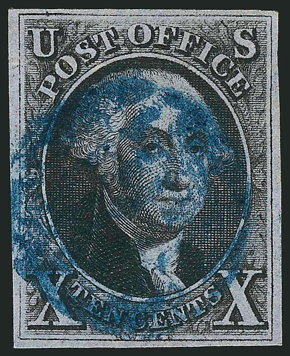 10c Black, Short Transfer at Top (2 var).> Full margins, intense shade and impression, bold strike of <blue grid> cancel which leaves the variety clearly visible, Very Fine, with 1977 P.F. certificate