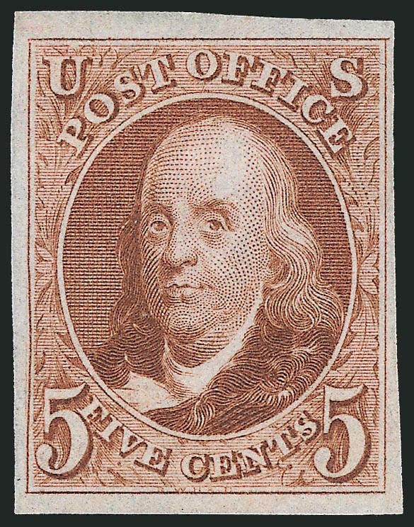 5c Red Brown, Reproduction (3).> Without gum as issued, full to large margins, deep rich color, Very Fine