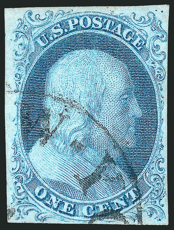 1c Blue, Ty. Ib (5A).> Position 4R1E, large margins to clear, gorgeous Plate 1 Early color, neat strike of New York circular datestamp, expertly sealed internal tear at top center not mentioned on accompanying
certificate<><>VERY FINE APPEARING USE