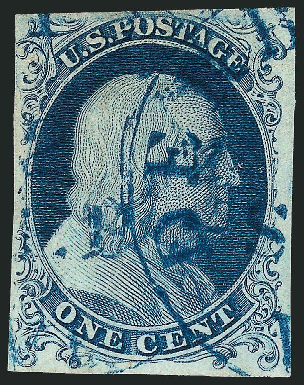 1c Blue, Ty. Ia (6).> Deep rich Plate 4 color, large margins to barely touched and showing complete plumes at bottom which are the primary characteristic of the type, cancelled by neat strike of <blue circular
datestamp,> faint vertical crease at lef