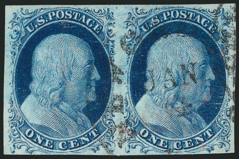 1c Blue, Ty. II (7).> Horizontal pair from top row of Plate 2, large margins to barely touched, neat strike of New Orleans circular datestamp and also part of red transit circular datestamp, Very Fine and
choice