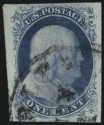 1c Blue, Ty. II, IV (7, 9).> Single of each, large margins to clear, first with neat New Orleans circular datestamp, second with large Boston Paid grid, first trivial corner margin crease far from design,
otherwise Extremely Fine