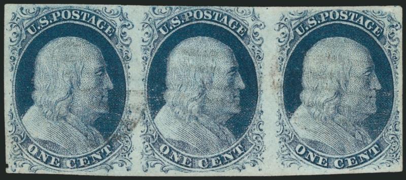1c Blue, Ty. III, Position 99R2 (8).> Positions 97-99R2, horizontal strip of three, lefthand pair Ty. II (7), large margins to just touched at top, rich color, light strikes of grid cancels, left stamp small
flaw at bottom left, right stamp (99R2) in