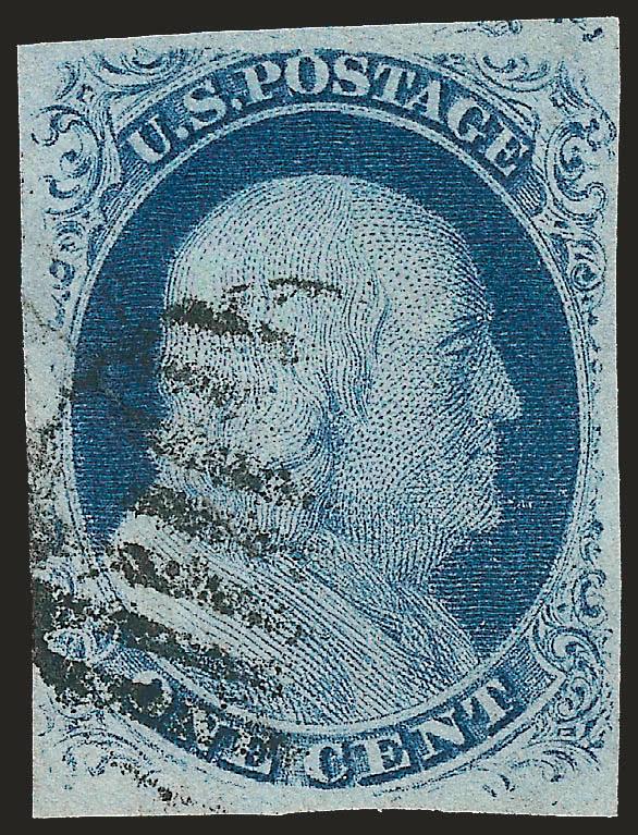 1c Blue, Ty. III, Position 99R2 (8).> Mostly large margins, clearly shows the major double transfer at right and wide breaks at top and bottom, rich color, partially face-free grid cancel, sealed
tear<><>^EXTREMELY FINE APPEARANCE. AN EXCEPTIONALLY
