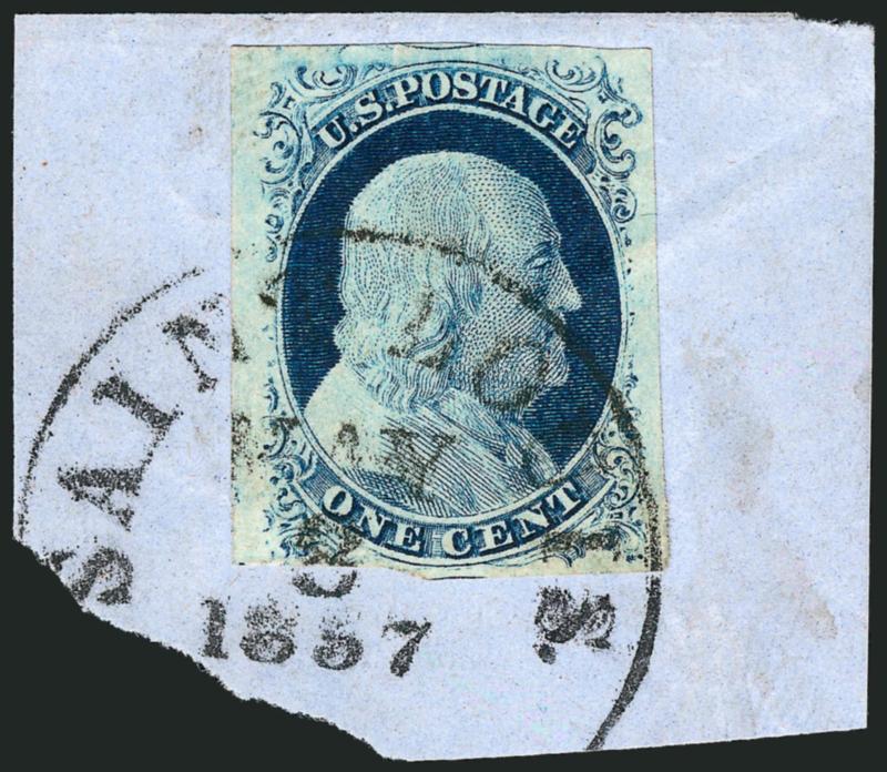 1c Blue, Ty. IV (9).> Large margins to full incl. part of adjoining stamps at top and bottom, tied by Saint Louis Mo. May 3, 1857 circular datestamp on small blue piece, Extremely Fine