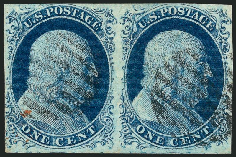 1c Blue, Ty. IV (9).> Positions 57-58L1L, horizontal pair, left stamp has <double transfer,> deep rich color, neat grid cancels, left stamp trace of additional red cancel, Very Fine