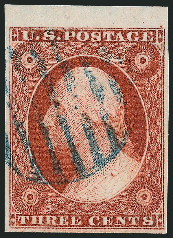 3c Orange Brown, Ty. II (10A).> Large to huge margins incl. top sheet margins, beautiful depth of color, neat <blue grid> cancel, Extremely Fine Gem, a magnificent stamp