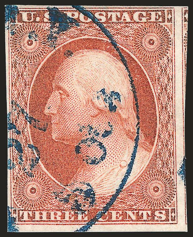 3c Orange Brown, Ty. II (10A).> Huge margins incl. bit of adjoining stamp at right, full at top and left, marvelous color and sharp impression, <blue> circular datestamp, Extremely Fine, with 2001 P.F.
certificate