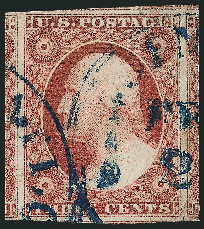 3c Brownish Carmine, Ty. II (11A).> Huge Jumbo margins incl. parts of five adjoining stamps, <blue> circular datestamp, Extremely Fine Gem, with 2007 P.S.E. certificate (XF-Superb 95 Jumbo SMQ $375.00 as 95,
$860.00 as 98)