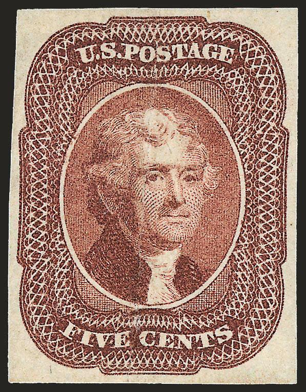 5c Red Brown (12).> Disturbed original gum, large margins all around, rich color, torn in half vertically and skillfully rejoined, Extremely Fine looking, an affordable rarity in outstanding appearance, with
2003 P.S.E. certificate
