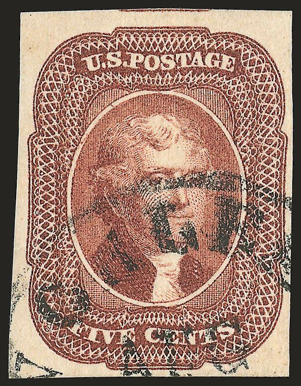 5c Red Brown (12).> Ample to huge margins, lovely color with neat New Orleans circular datestamp, Very Fine and choice, with 2008 P.S.E. certificate