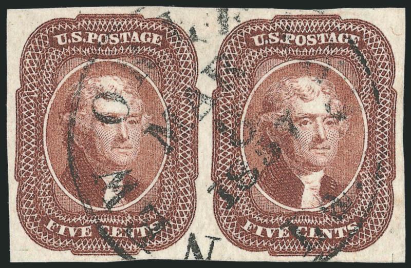 5c Red Brown (12).> Horizontal pair, large even margins all around, bright shade, neat strike of New Orleans La. Mar. 8, 1857 circular datestamp, small scoring line at bottom left in margin only, right stamp
light diagonal crease, small scissors-cu