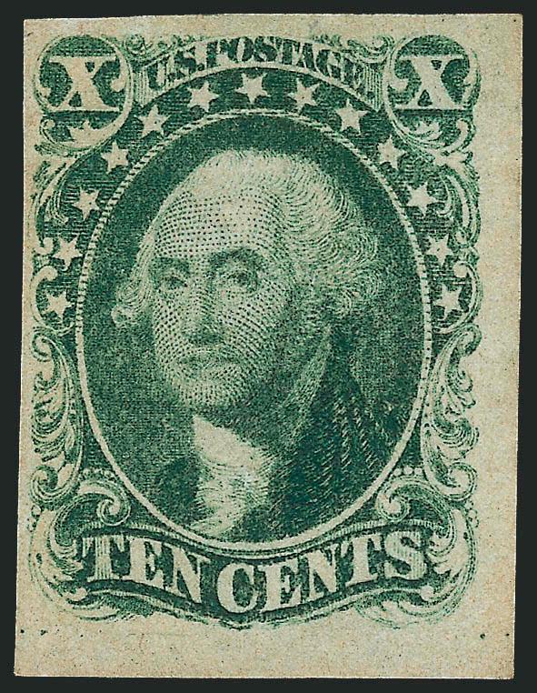 10c Green, Ty. I (13).> Part original gum, full to huge margins incl. <bottom right corner sheet margins,> deep rich color, some toning on the face has been skillfully removed<><>^VERY FINE APPEARANCE. THE
10-CENT TYPE I 1855 ISSUE IS RARE IN UNUSE
