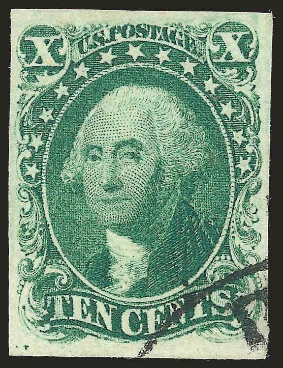 10c Green, Ty. I (13).> Full margins all around, marvelous deep rich color, bold face-free corner circular datestamp, Extremely Fine, with 1981 P.F. and 2008 P.S.E. certificates (VF-XF 85 SMQ $1,200.00)