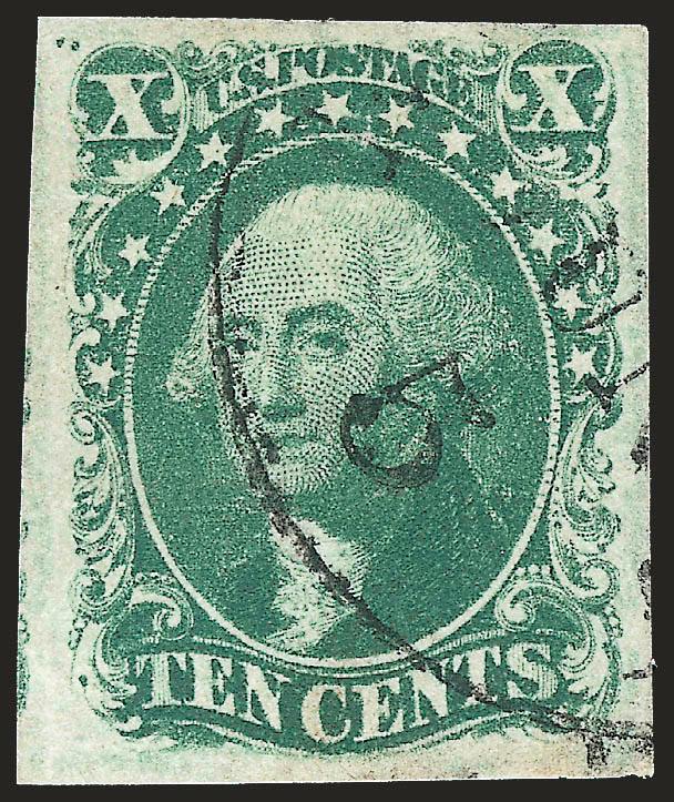 10c Green, Ty. II (14).> Position 18R, large to huge margins, lovely color and light circular datestamp, Extremely Fine, with 1989 and 2001 P.F. and 1990 P.S.E. certificates