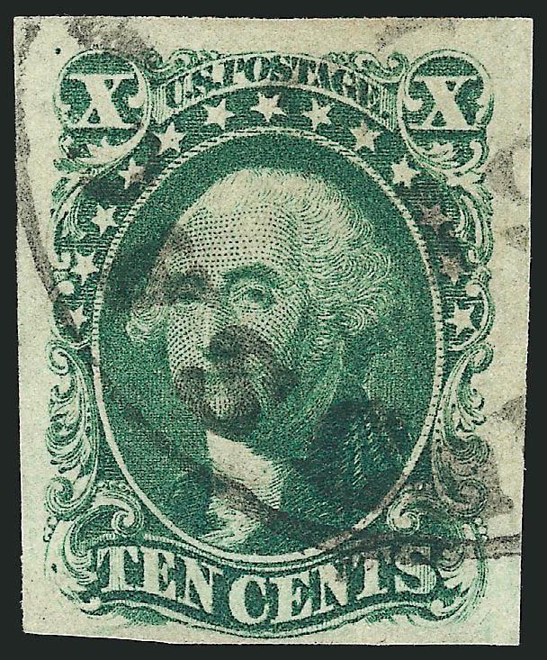 10c Green, Ty. IV (16).> Position 76L1, recut at bottom, huge margins to clear, neat strike of Sacramento circular datestamp, Very Fine and choice, with 1988 P.F. certificate