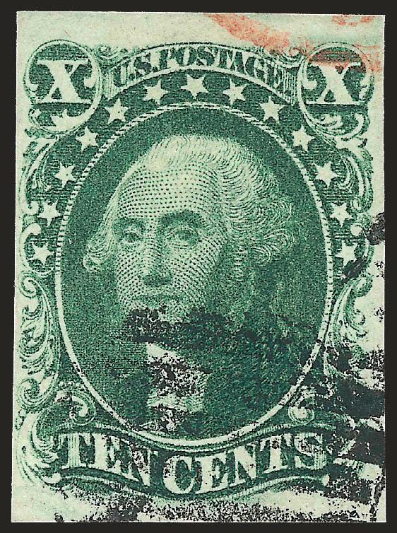 10c Green, Ty. IV (16).> Position 65L1, recut at top, ample to large margins, huge top and bottom, deep rich color, grid cancel and small part of red transit, Very Fine, with 1992 and 2004 P.F.
certificates