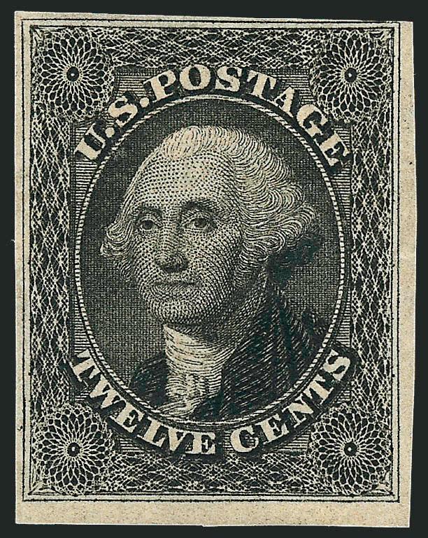 12c Black (17).> Original gum, large margins to barely touched at top right, intense shade and impression, some minor natural gum wrinkling not mentioned on accompanying certificate<><>^VERY FINE ORIGINAL-GUM
EXAMPLE OF THE 12-CENT 1851 ISSUE.^<><