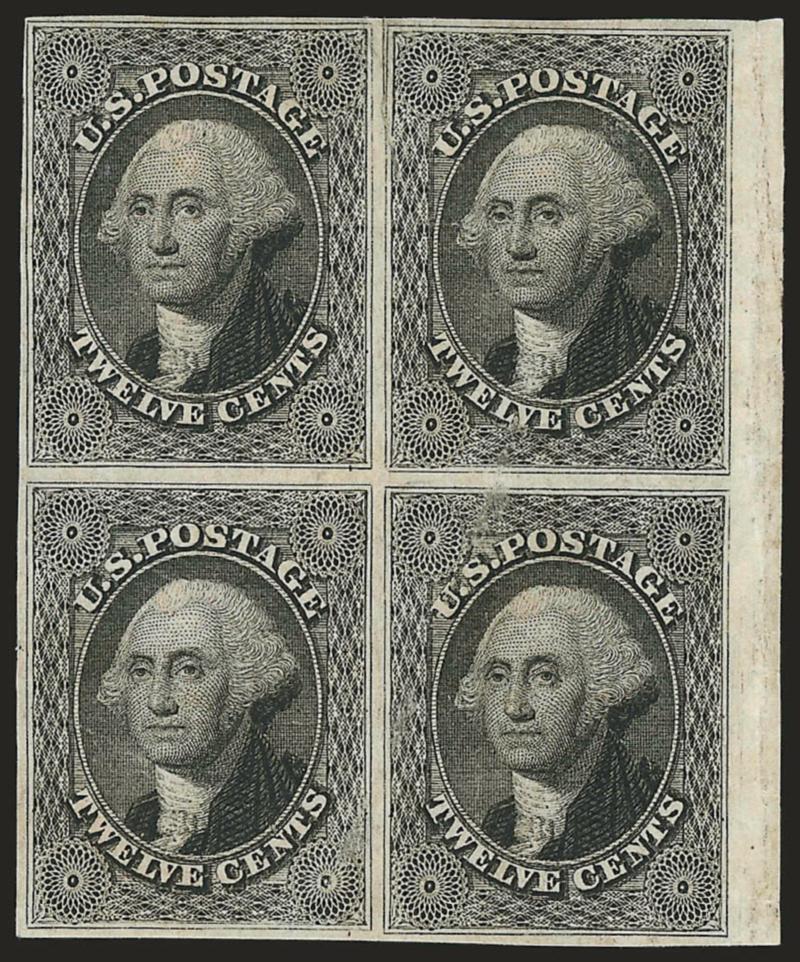 12c Black (17).> Block of four, original gum, ample to huge margins incl. <right sheet margin,> clear impression, couple creases, minor surface scuffs affecting all but top left stamp and vertical crease
between top stamps ending in small tear<><>^