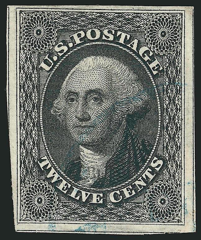 12c Black (17).> Huge margins incl. part of three adjoining stamps, intense shade and impression, faint strike of <blue> circular datestamp, Very Fine and choice