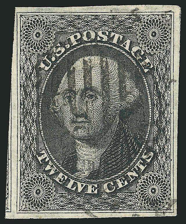 12c Black (17).> Large margins incl. part of adjoining stamp at left, bright shade, bold grid cancel, Very Fine