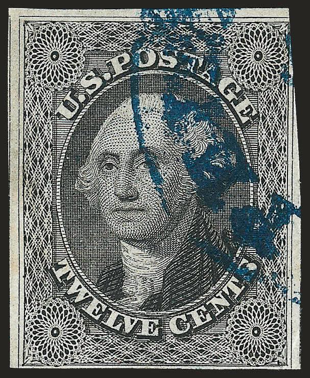 12c Black, Part India Paper (17 var.).> Position 22L1, margins to barely in, dark blue Philadelphia circular datestamp (the usual source of this paper variety), top left corner crease, otherwise Fine, with 1971
P.F. certificate