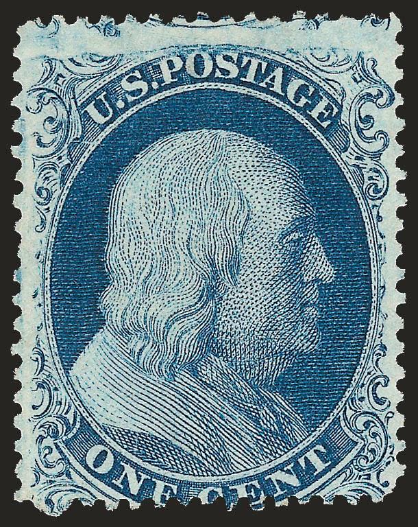 1c Blue, Ty. Ia (19).> Plate 4, F Relief, unused (no gum), deep rich color, Very Good example of this extremely rare unused stamp, there are only a handful of examples known in sound condition, with 1979 P.F.
certificate