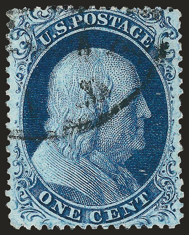 1c Blue, Ty. II (20).> Deep rich color, nearly perfect centering, circular datestamp, stitch watermark variety, Extremely Fine, with 2008 P.S.E. certificate