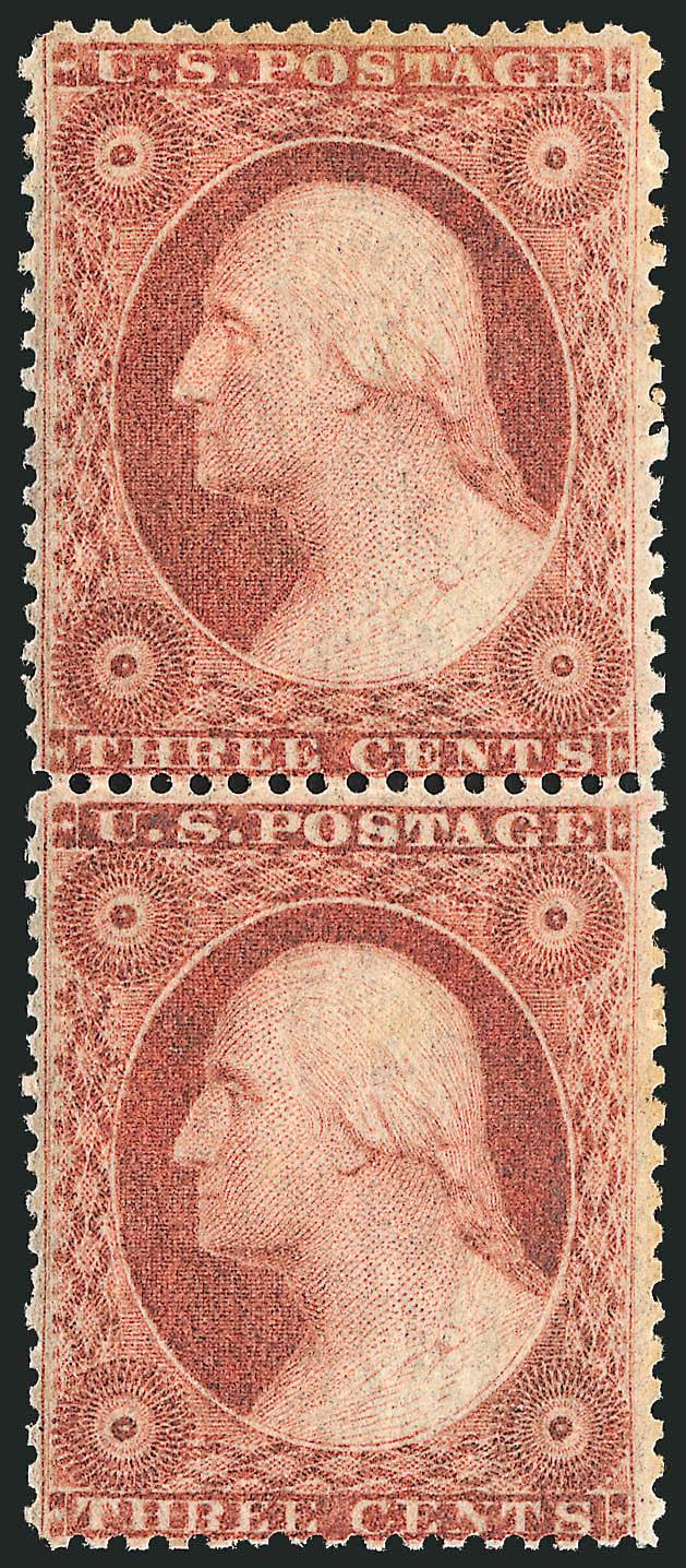 3c Dull Red, Ty. IV (26A).> Vertical pair, Positions 4252L10L, <bottom stamp Mint N.H.> (but with light pencil notation), top stamp lightly hinged, intense shade, choice centering, Very Fine, with 2002 P.F.
certificate, a pair is more desirable than