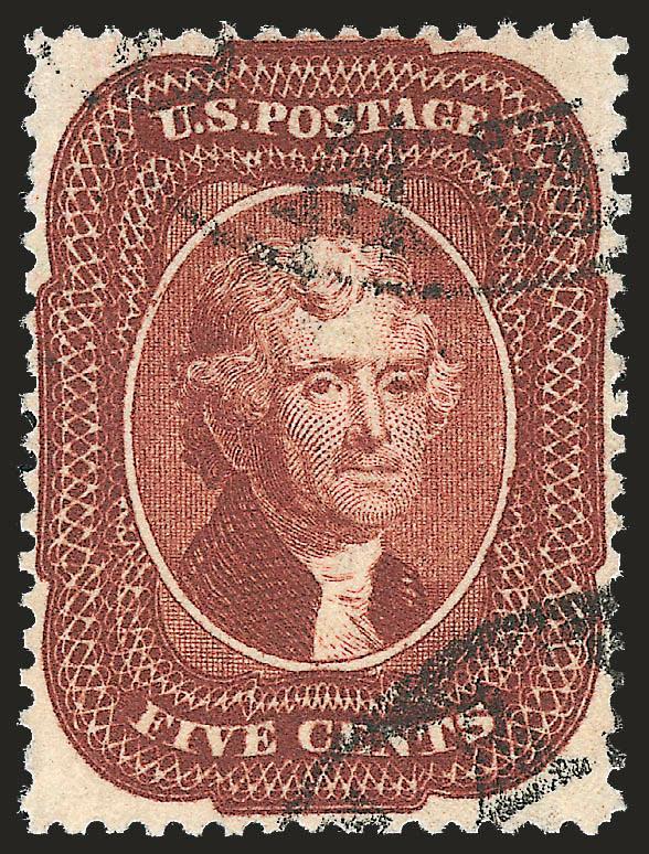 5c Indian Red (28A).> Choice centering with perfs essentially clear of design all around, incredibly beautiful deep rich color, undeniably the Indian Red shade, light partial circular datestamps at top and
bottom leaving Jeffersons vignette clearly