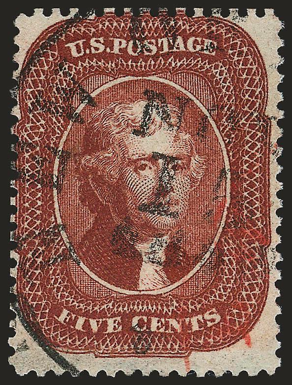 5c Indian Red (28A).> Magnificent depth of color, neat New Orleans circular datestamp and part of red transit, perfs close to tiny bit in top and left, nearly Fine, with photocopy of 2006 A.P.S. certificate for
horizontal pair (left stamp)