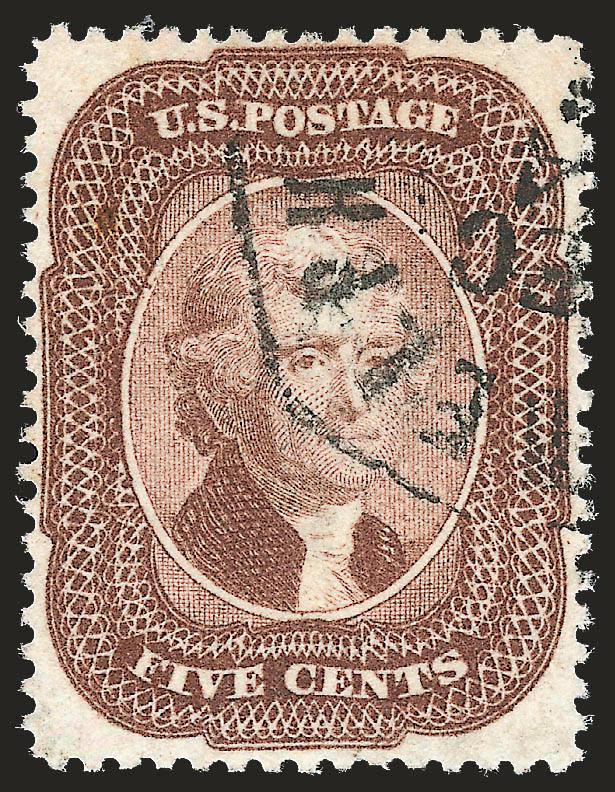 5c Brown (29).> Beautiful single with lovely color and centering, margins clear of design all around, Philadelphia octagonal datestamp, Extremely Fine, with photocopy of 1984 P.F. certificate for a horizontal
pair, and 1992 P.S.E. and 2001 P.F. certi