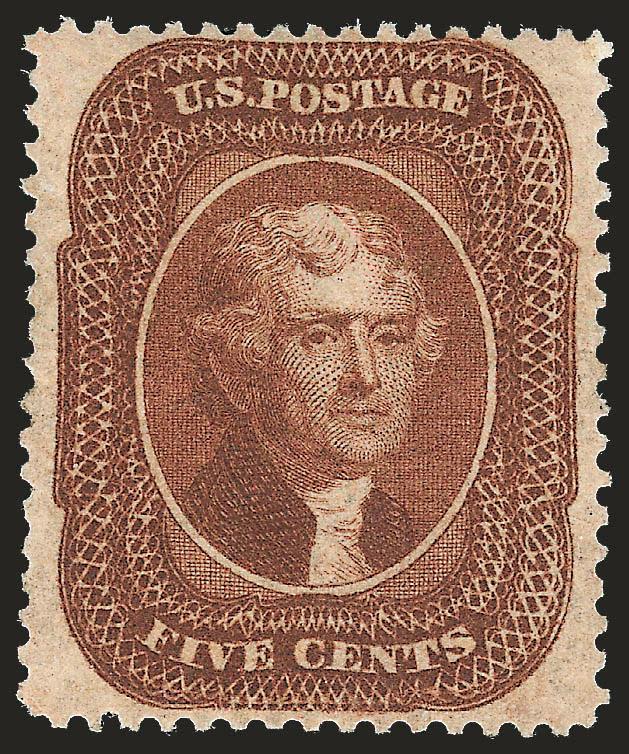 5c Orange Brown, Ty. II (30).> Original gum, perfectly balanced margins, wide at sides, marvelous bright color<><>^EXTREMELY FINE. A BEAUTIFUL ORIGINAL-GUM EXAMPLE OF THE 5-CENT 1861 ORANGE BROWN. SCARCE WITH
SUCH CHOICE CENTERING.^<><>With 2001