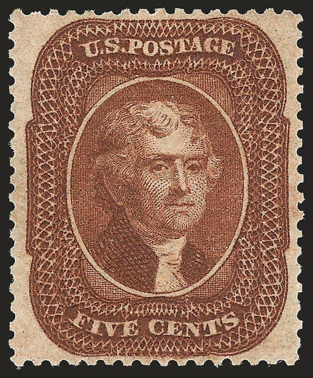 5c Orange Brown, Ty. II (30).> Original gum, lightly hinged, beautiful warm color, choice centering with unusually wide margins<><>^EXTREMELY FINE. A GORGEOUS ORIGINAL-GUM EXAMPLE OF THE 5-CENT TYPE II ORANGE
BROWN ISSUED IN 1861.^<><>This issue