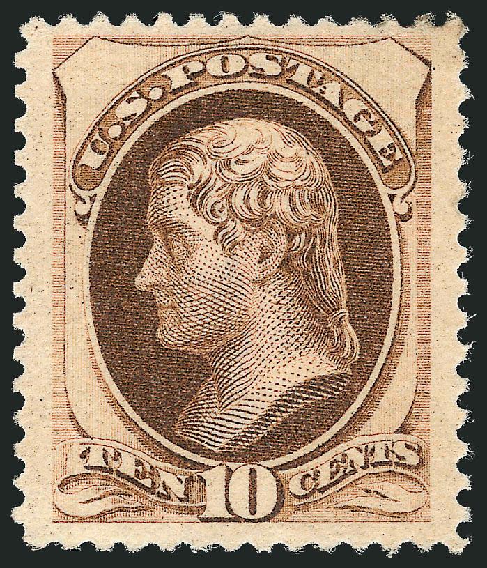10c Brown, Without Secret Mark (187).> Original gum, lightly hinged, bright color, three enormous margins, tiny natural inclusion at top left<><>^VERY FINE ORIGINAL-GUM EXAMPLE OF THE 10-CENT 1879 AMERICAN BANK
NOTE ISSUE WITHOUT SECRET MARK.^<><