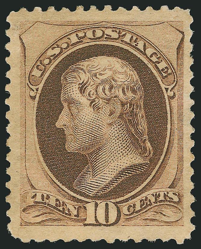 10c Brown, With Secret Mark (188).> Original gum, lightly hinged, beautifully centered, rich color<><>^EXTREMELY FINE. AN OUTSTANDING ORIGINAL-GUM EXAMPLE OF THE 1879 10-CENT AMERICAN BANK NOTE PRINTING WITH
SECRET MARK.^<><>With 2003 P.F. certif