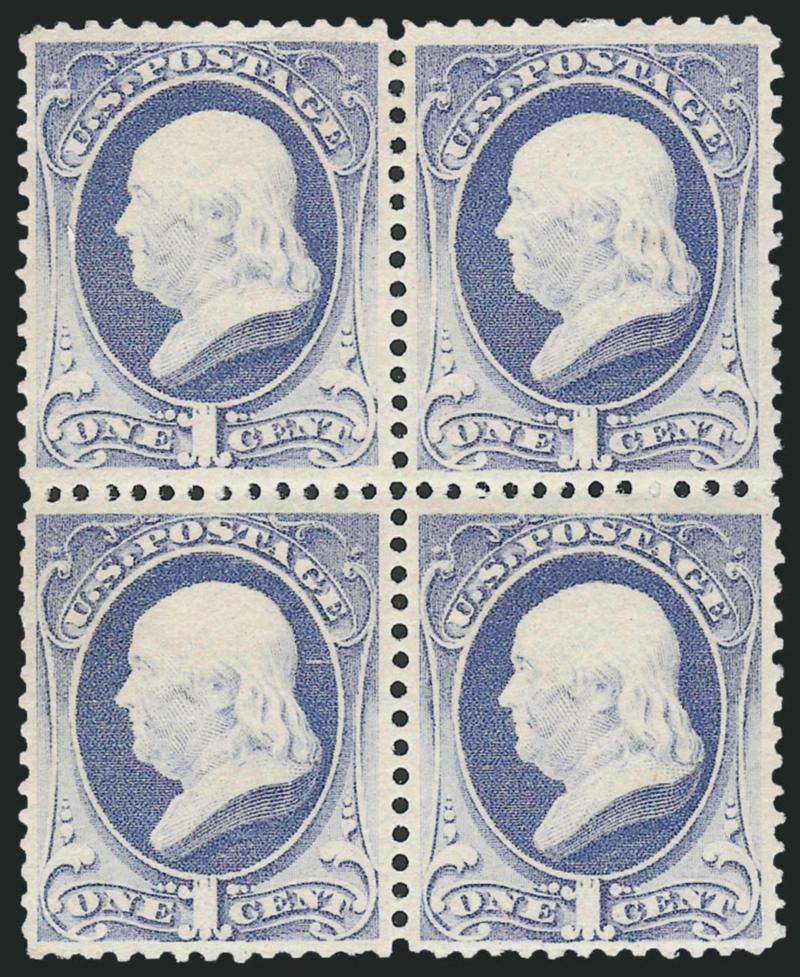 1c Gray Blue (206).> Block of four, original gum, bottom pair Mint N.H. but right stamp has tiny blemishes on gum and left stamp has small corner crease, diagonal bendcrease at top left, otherwise Very Fine,
Scott Retail as to Mint N.H. and two hing