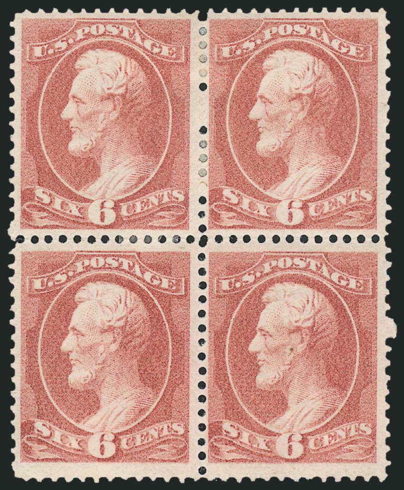6c Pale Brown Red (208a).> Block of four, original gum, h.r. at top, rich color, slight bend in bottom right stamp, otherwise Fine-Very Fine, Scott Retail as singles in Pale Brown Red shade