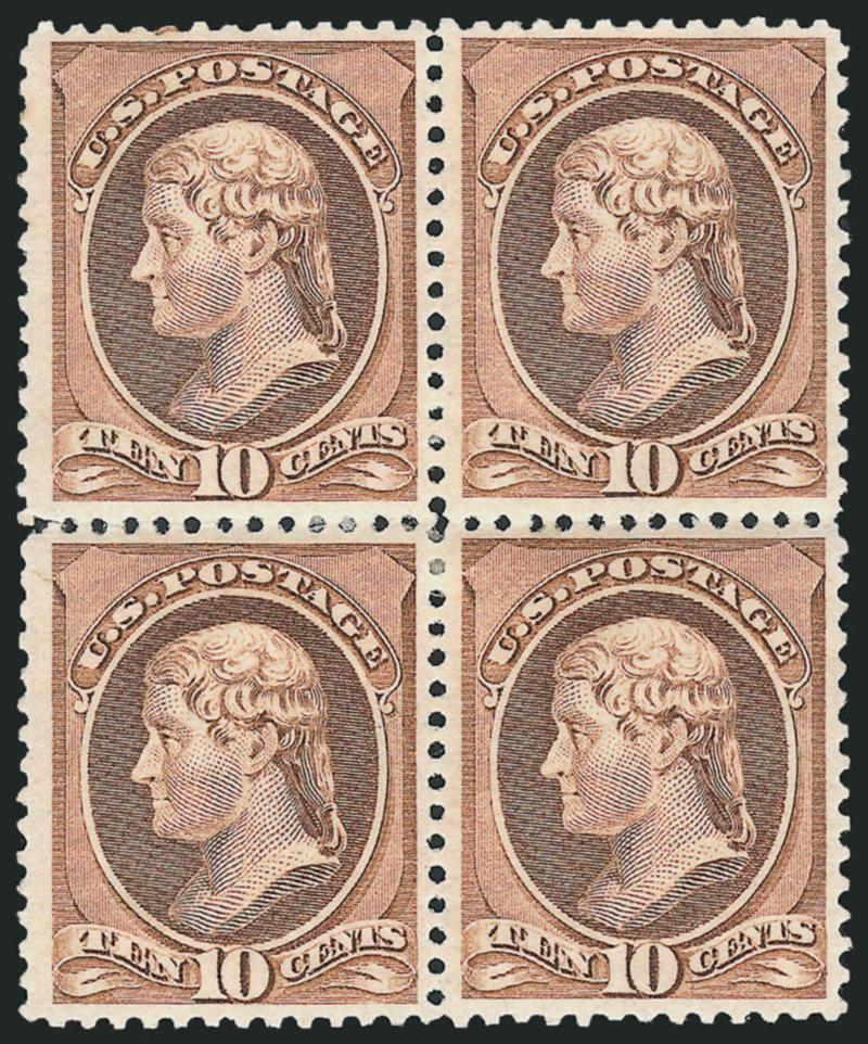 10c Brown (209).> Block of four, original gum, rich color and choice centering, minor toned spots on upper left stamp, otherwise Very Fine