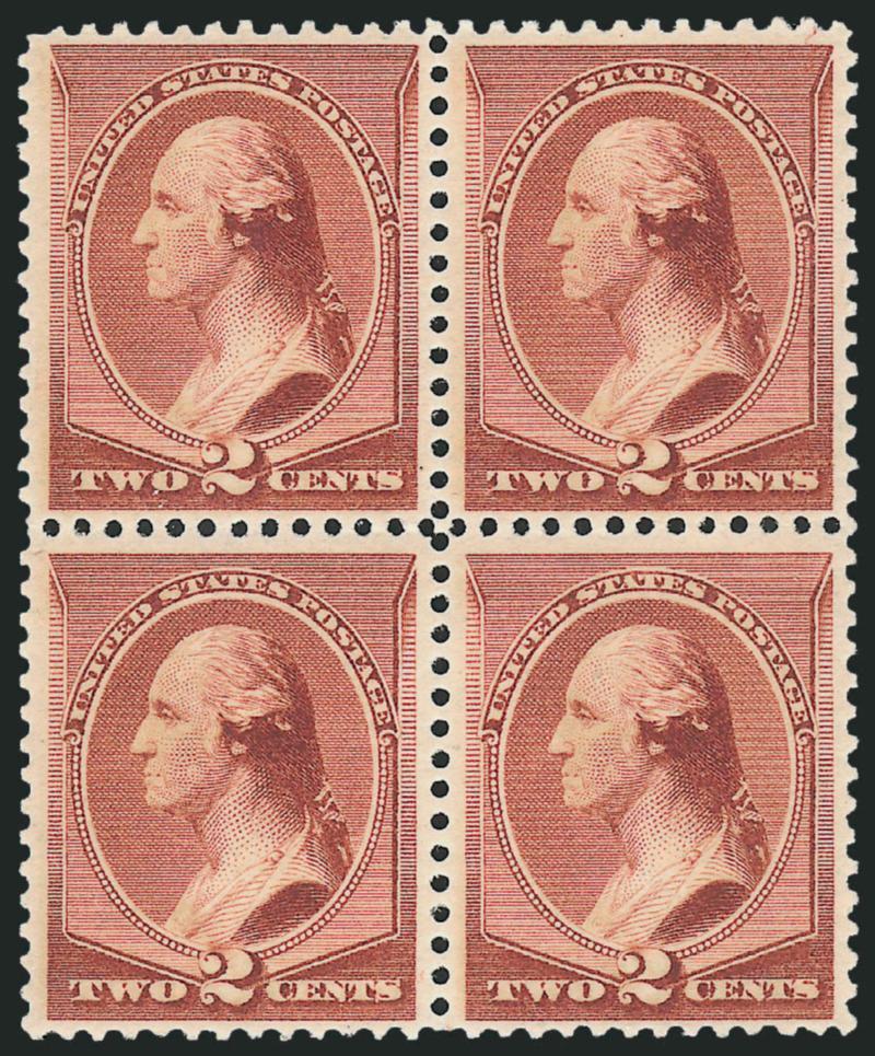 2c Red Brown (210).> Block of four, top pair Mint N.H., bottom stamps lightly hinged, fresh and Fine-Very Fine, with 1990 P.F. certificate