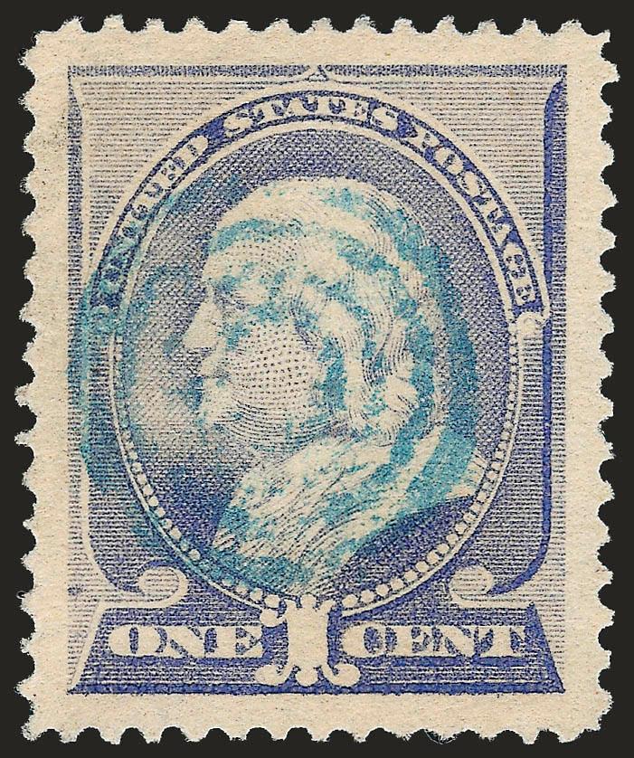 1c Ultramarine (212).> Unbelievably huge Jumbo margins with essentially perfect centering, pastel shade, light <blue> target cancel, Extremely Fine Gem, with 2008 P.S.E. certificate (Superb 98 Jumbo SMQ $490.00
as 98, unpriced as 98J or higher), the