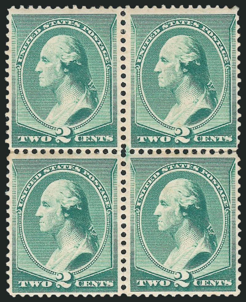 2c Green (213).> Block of four, original gum, lightly hinged, small mark at center appears to be printers ink, Fine-Very Fine