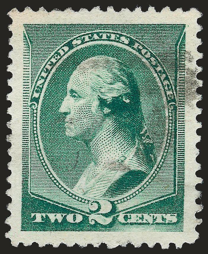 2c Green (213).> Awesome Jumbo margins and flawless centering, choice rich color on bright white paper, light cork cancel, Extremely Fine Gem, with 2008 P.S.E. certificate (Superb 98 Jumbo SMQ $375.00 as 98,
unpriced in higher grades), this used sta