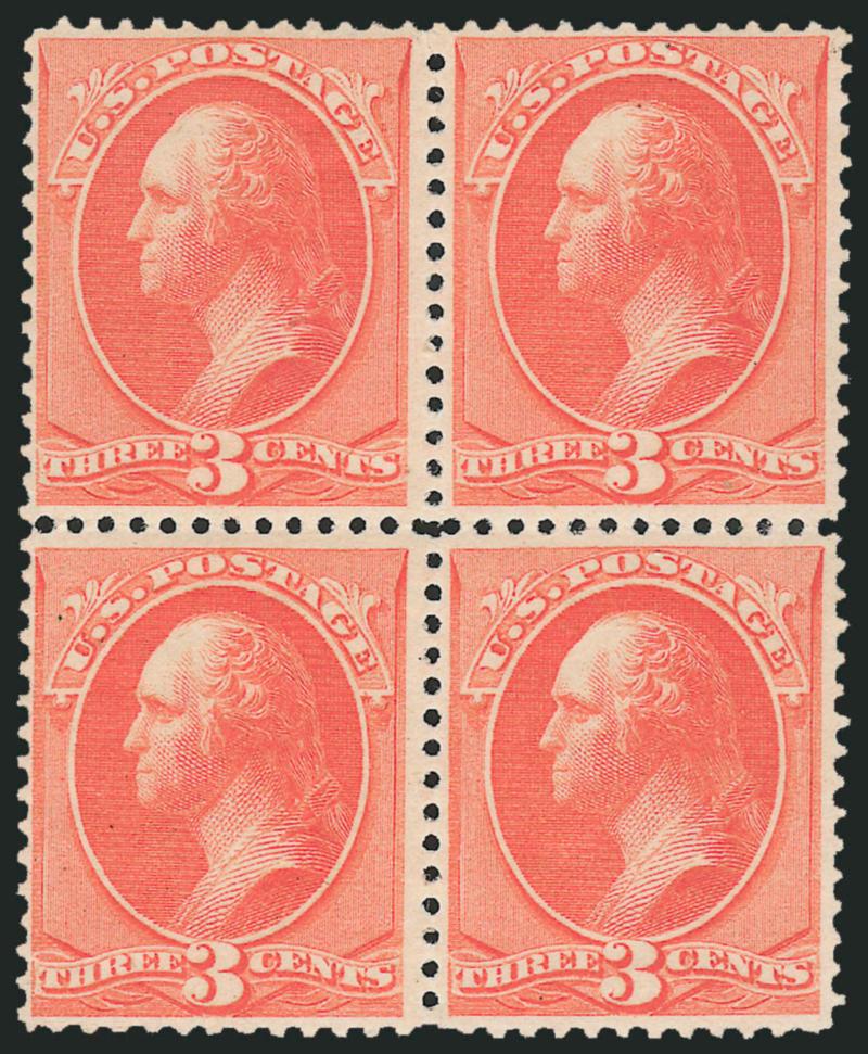 3c Vermilion (214).> Block of four, bottom pair Mint N.H., pencil number on one, Fine-Very Fine, Scott Retail as singles (two Mint N.H.)