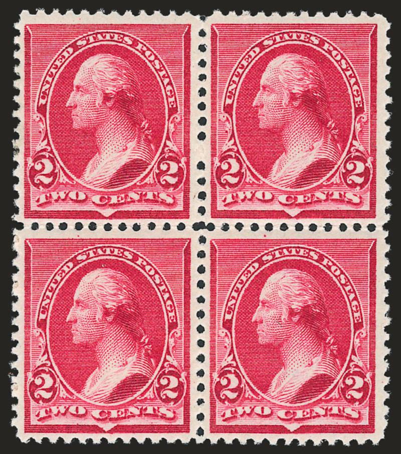 2c Carmine, Cap on Left 2 (220a).> Mint N.H. block of four, marvelous color and clear impression, Fine-Very Fine