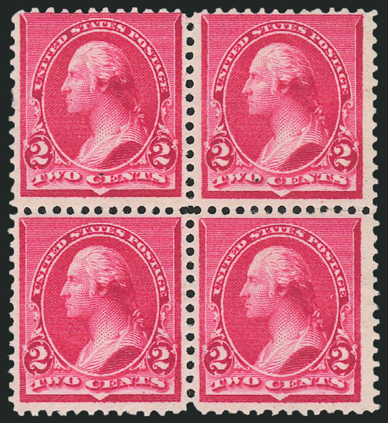 2c Carmine, Cap on Both 2s (220c).> Block of four, bottom pair Mint N.H., top pair lightly hinged, deep rich color, Fine-Very Fine, scarce block of this plate variety, Scott Retail as singles (two Mint
N.H.)