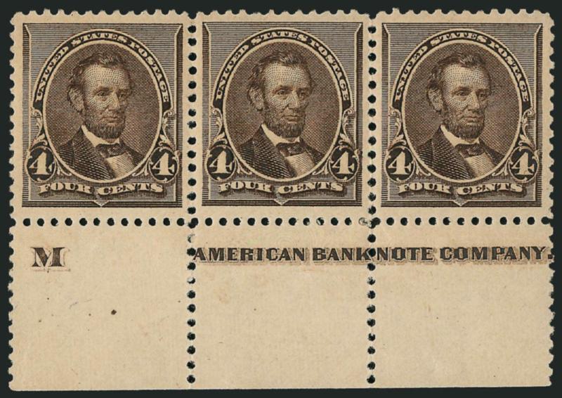4c Dark Brown (222).> Mint N.H. horizontal strip of three with bottom M and imprint selvage, lightly hinged in selvage beneath center stamp, unusually wide margins and incredibly well-centered, Extremely Fine,
Gem strip, with 2008 P.S.E. certificat