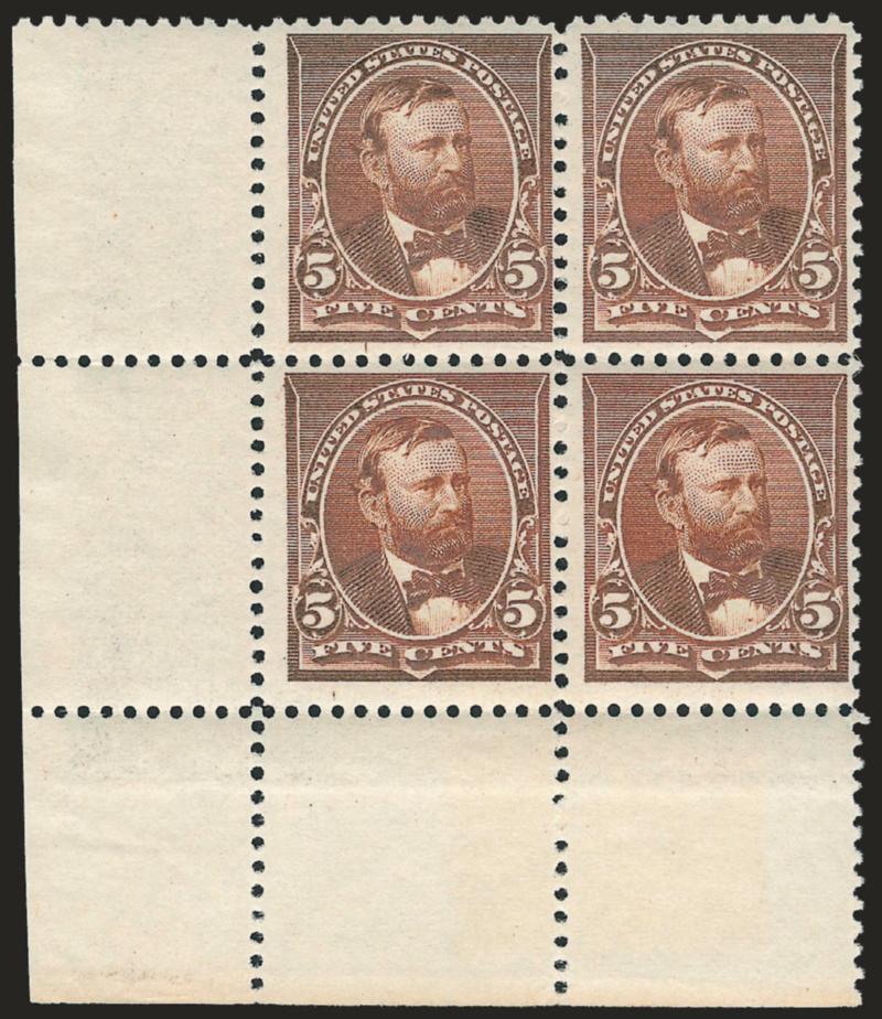 5c Chocolate (223).> Mint N.H. block of four with bottom left sheet corner selvage, Fine, Scott Retail as four Mint N.H. singles