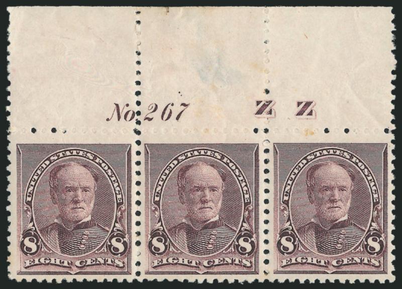 8c Lilac (225).> Top ZZ and plate no. 267 strip of three, original gum, hinged in selvage and thinned, stamps Mint N.H., all three beautifully centered with uncharacteristically wide margins, right stamp tiny
margin toning speck, some natural gum c